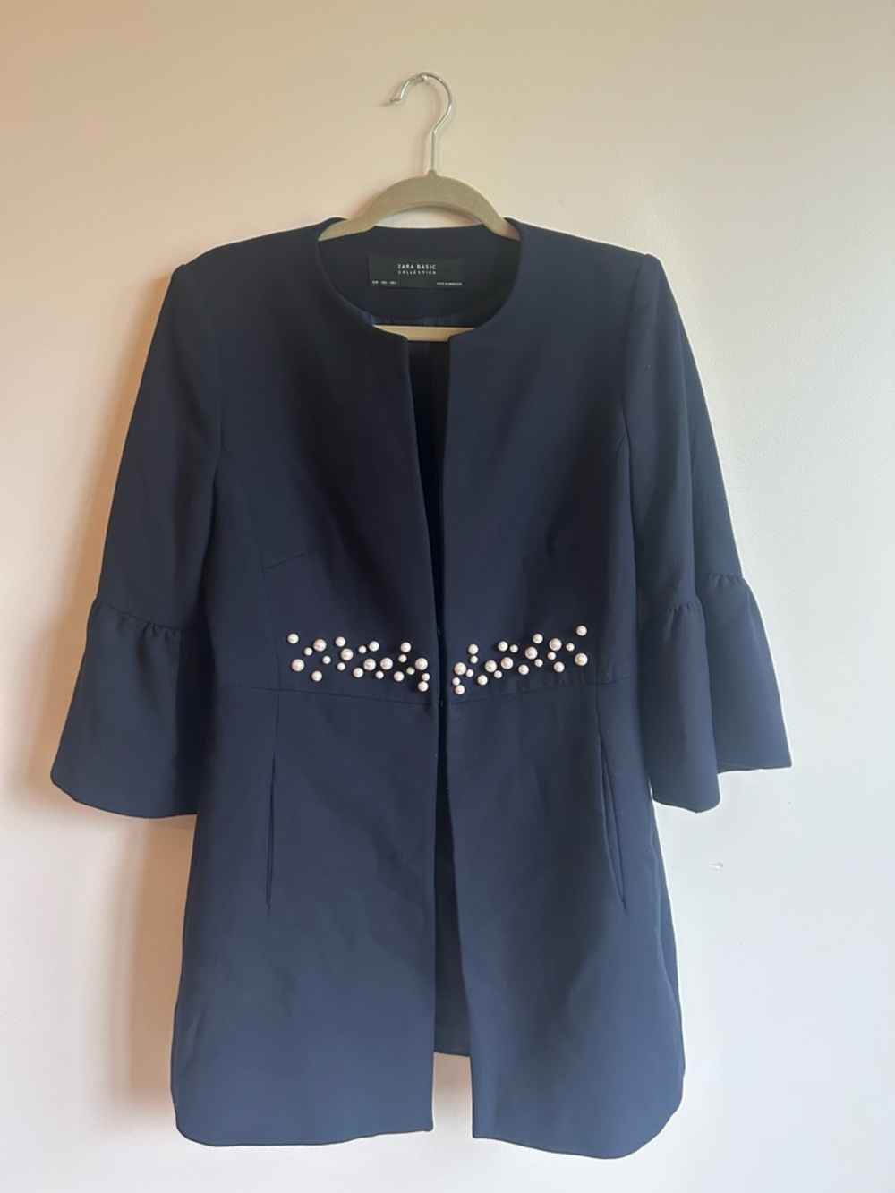 Zara Basic Navy Pearl Embellished Bell Sleeve Jacket - Size Large